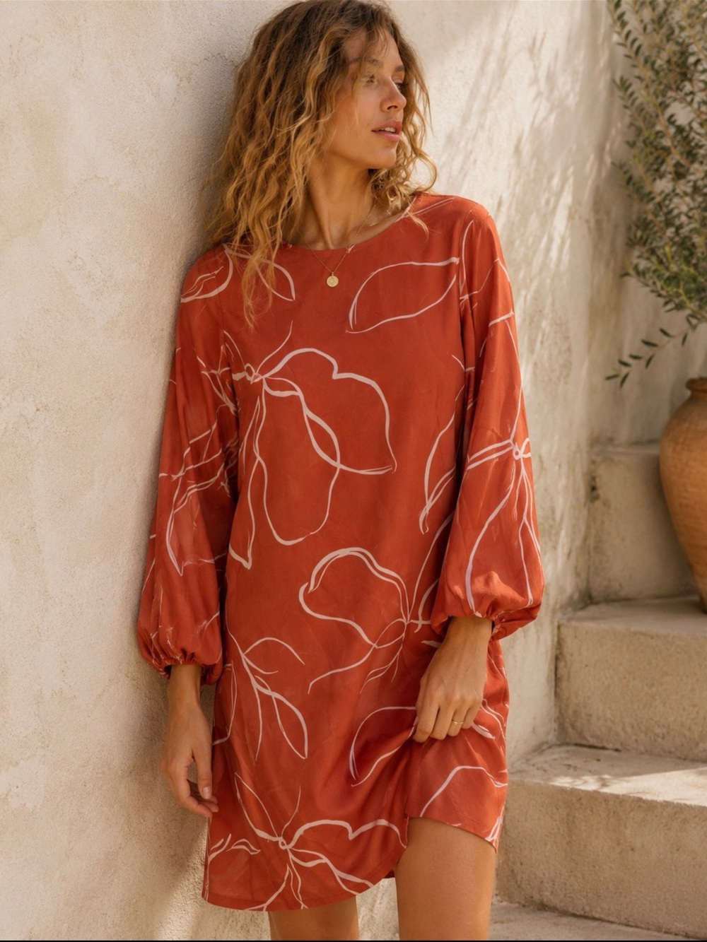 A New Day Rust Floral Shift Dress Balloon Sleeve Mini Dress Medium